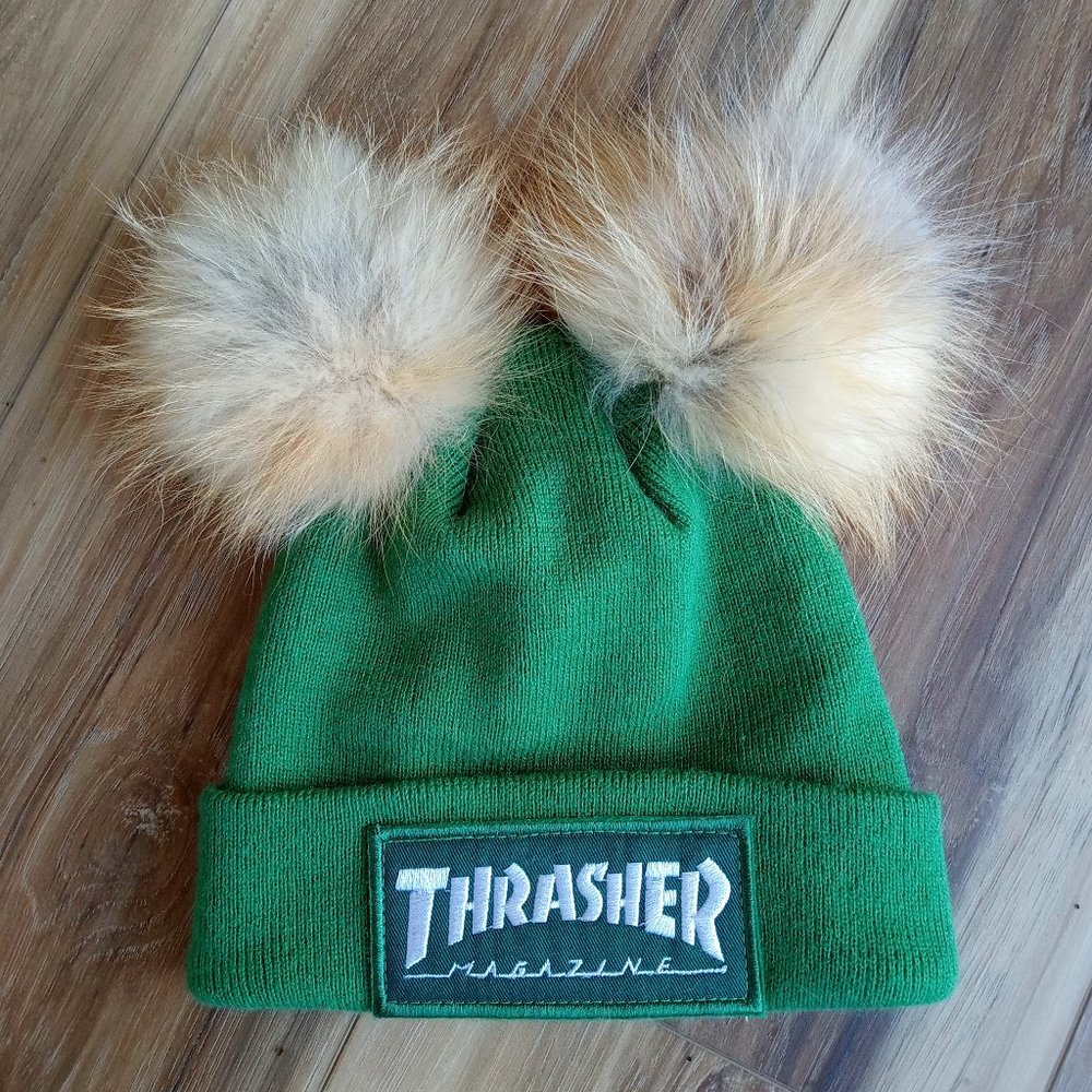 Thrasher Kitty Fox Fur Puff Beanie (Green)